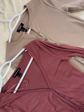 Ribbed Button-Front Tops in Mauve and Taupe